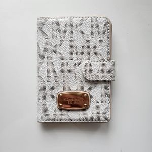 Michael Kors Logo White, Gray and Gold Passport Bi-Fold Wallet
